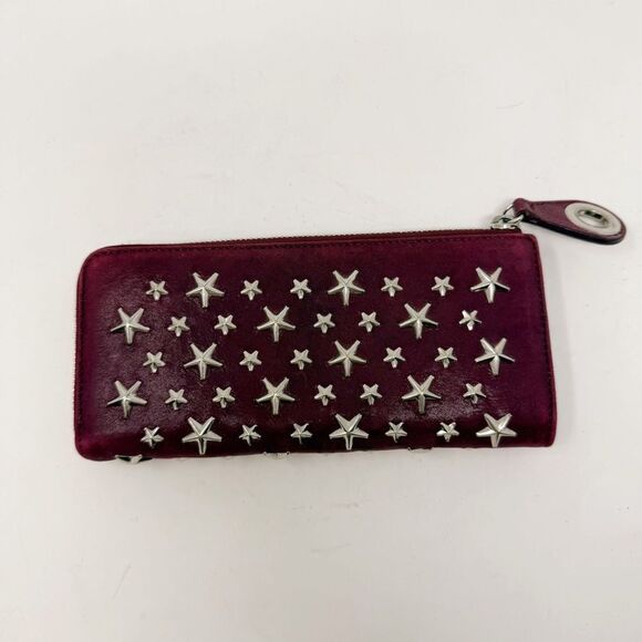 Jimmy Choo Burgundy Star Studded Zip Around Wallet - Picture 2 of 7